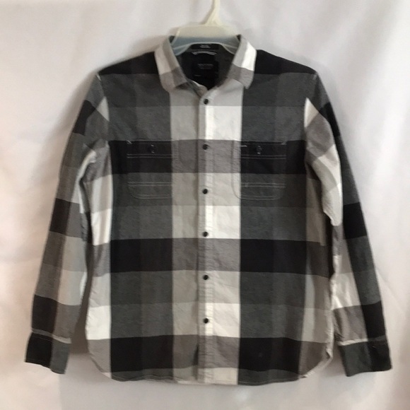 Nordstrom gray & white cotton checkered long sleeves button up shirt trim fit L - Picture 1 of 12